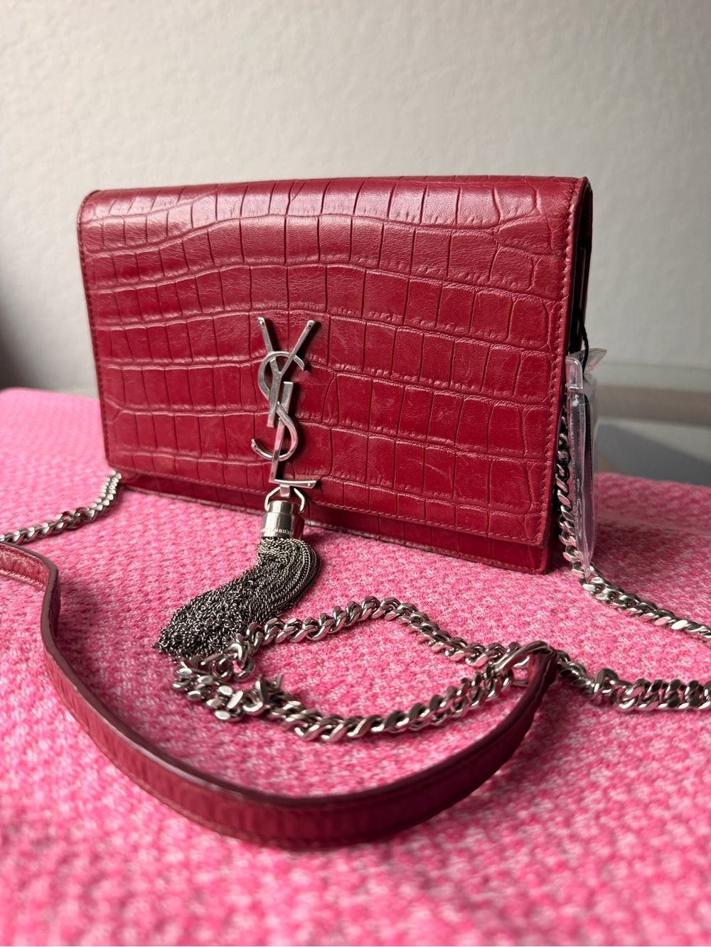 YSL Saint Laurent Kate Clutch Red Croc Embossed Leather Gold Chain